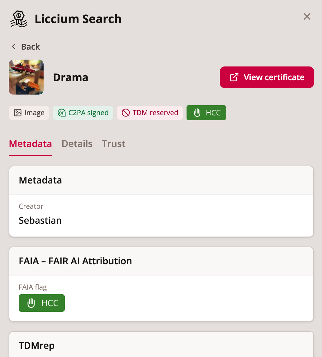 A verified result: creator, C2PA signature, TDM reservation, and FAIA attribution, with a link to the certificate