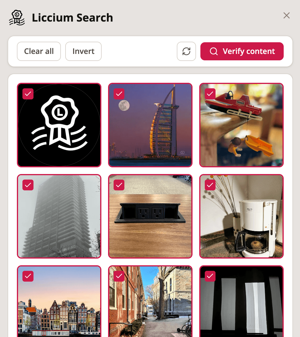 Selecting images on a web page and verifying them in one click with the Liccium extension
