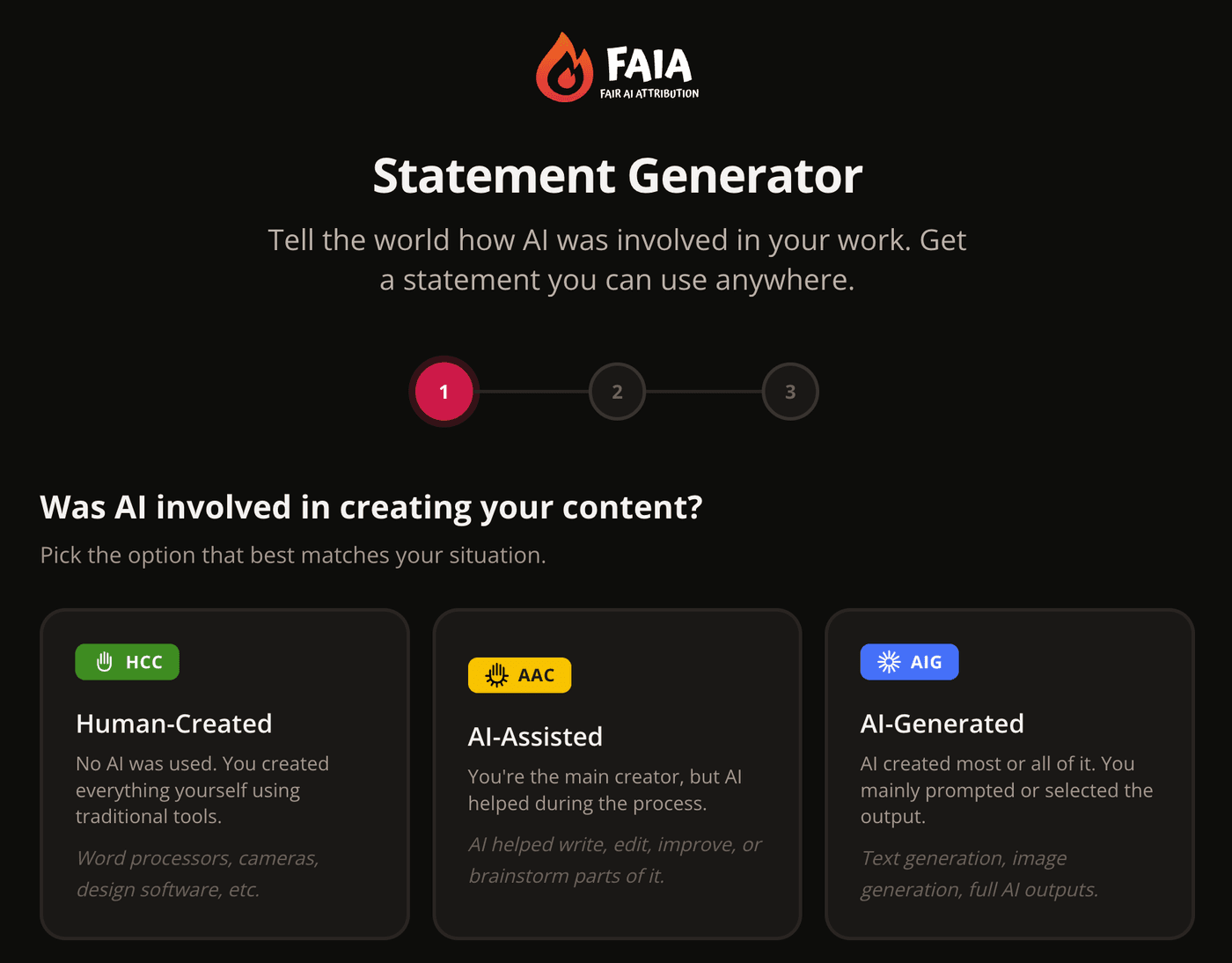 The FAIA Statement Generator: choose Human-Created, AI-Assisted, or AI-Generated, then get a statement to use anywhere